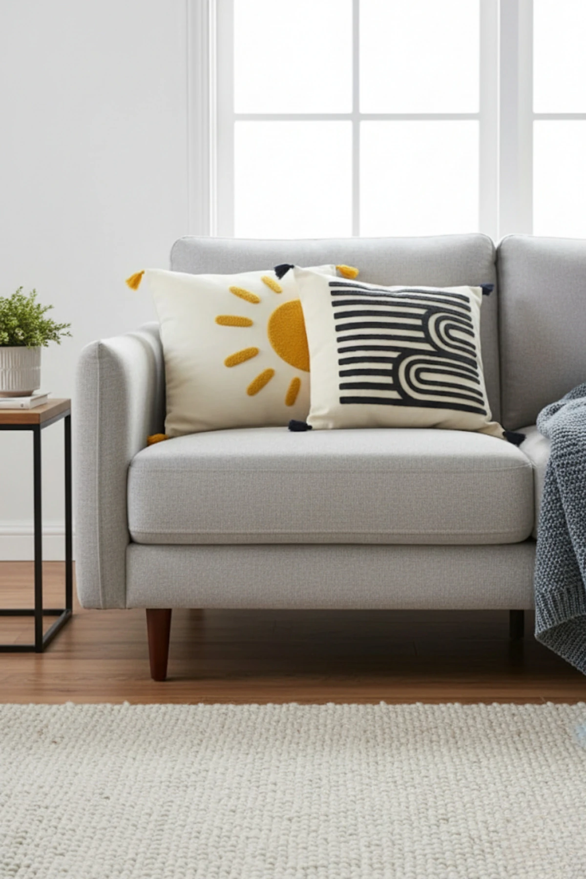 Modern Tasarım Punch İşlemeli Dekoratif 2'li Kırlent Kılıfı - Güneş-Çizgi Desen