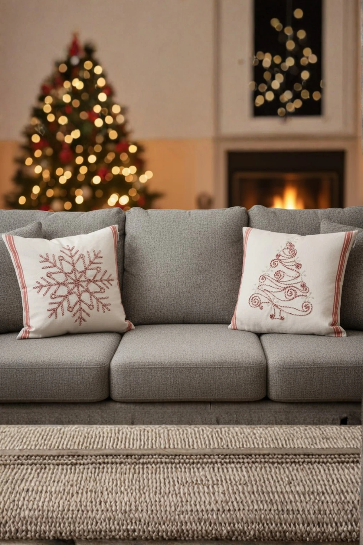 Yılbaşı - Noel Temalı Punch İşlemeli Dekoratif 2'li Kırlent Kılıfı , Neşeli Yıllar - Yılbaşı-Işıltısı-2-li