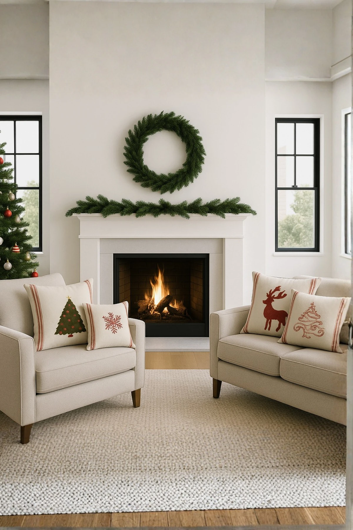 Yılbaşı - Noel Temalı Punch İşlemeli Dekoratif 2'li Kırlent Kılıfı , Neşeli Yıllar - Kis-Masali-4-lü