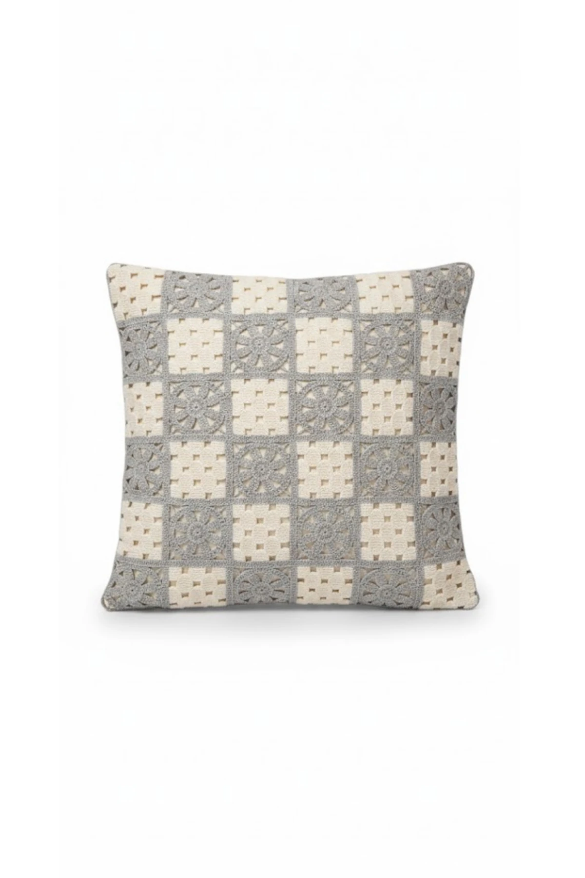 Ajur Örgü , Patchwork Tığ İşi Örgü Kare Desenli Bohem, Modern Kırlent Kılıfı - Patchwork-Gri