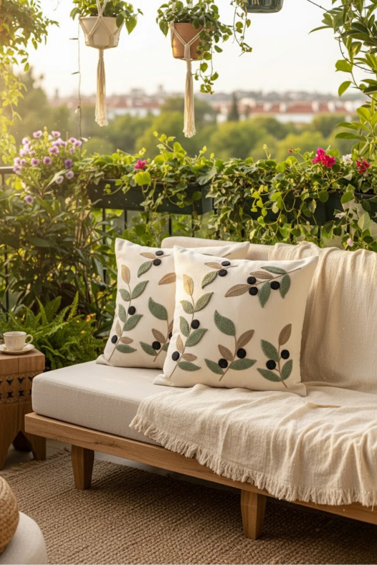 Modern Tasarım Punch İşlemeli Dekoratif 2'li Kırlent Kılıfı - Zeytin Dalı Desen