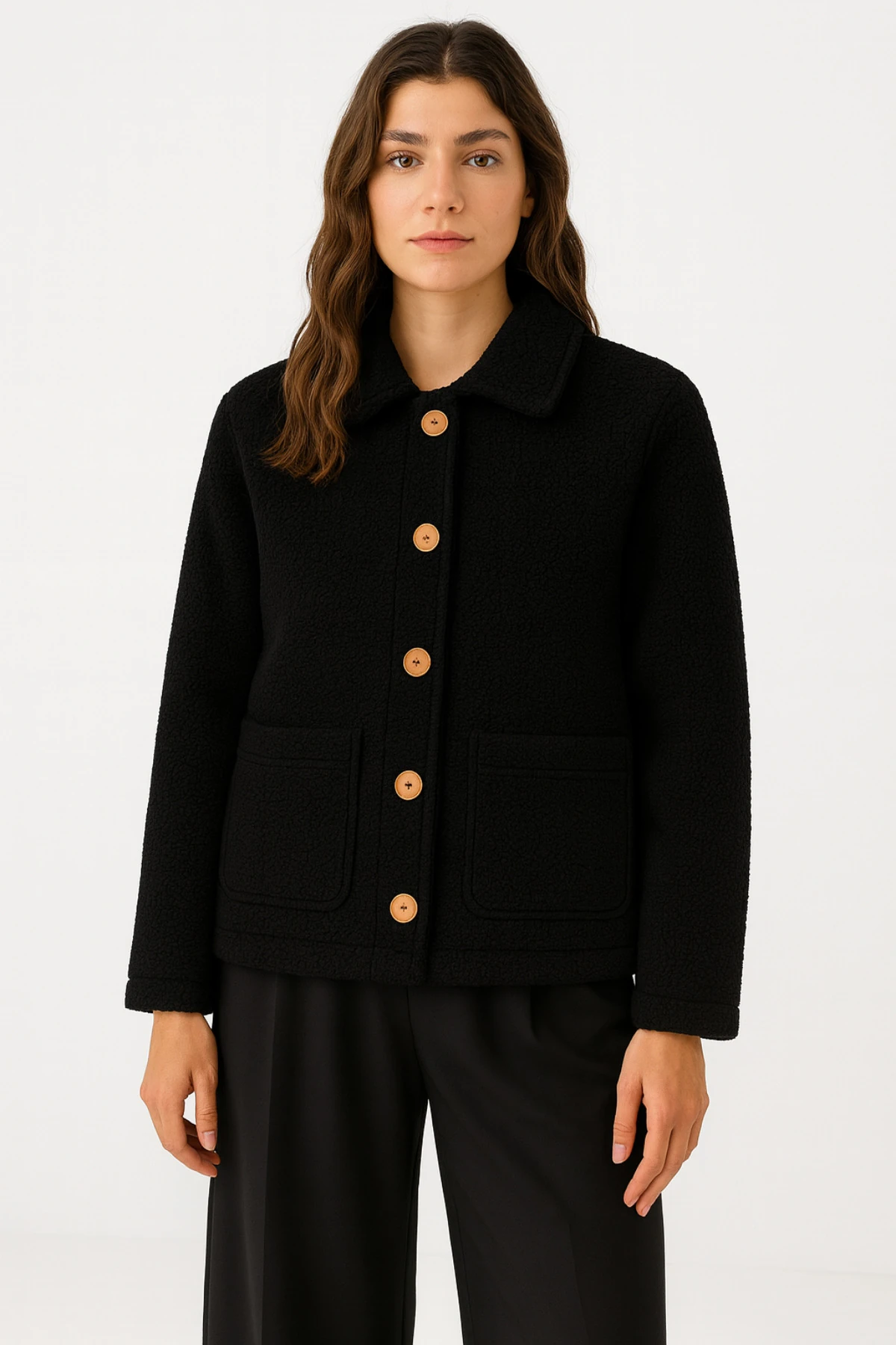 Sherpa Ekstra Yumuşak Teddy Gömlek Yaka Düğmeli Kadın Ceket