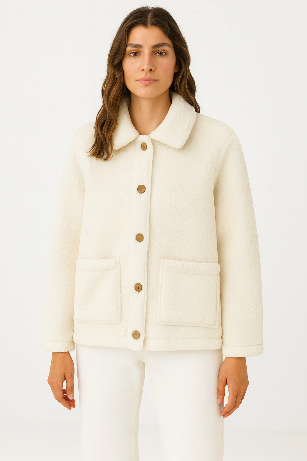 Sherpa Ekstra Yumuşak Teddy Gömlek Yaka Düğmeli Kadın Ceket - Beyaz