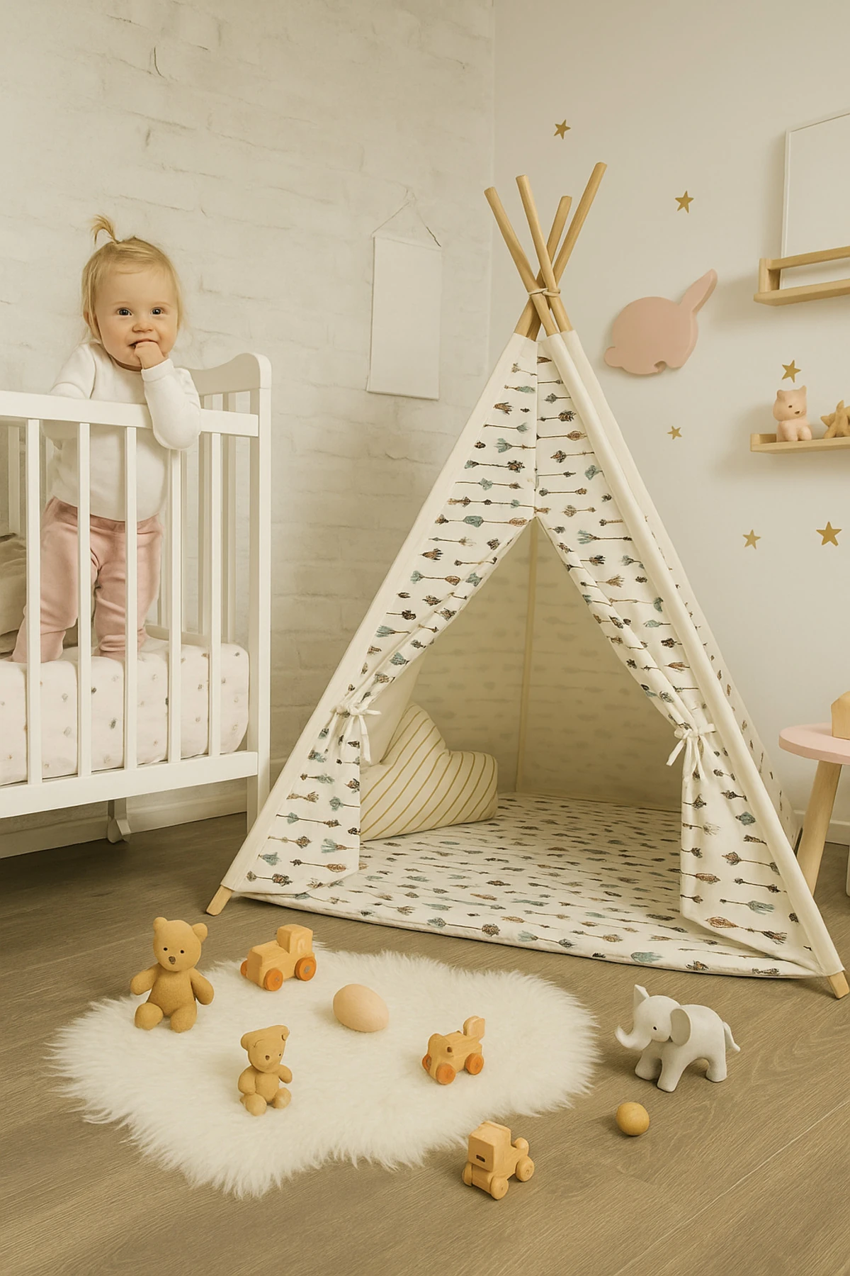 Ahşap Çocuk Kızılderili Oyun Çadırı, Ev İçi ve Bahçe Kullanımına Uygun Minderli Oyun Evi, Natural - Beyaz