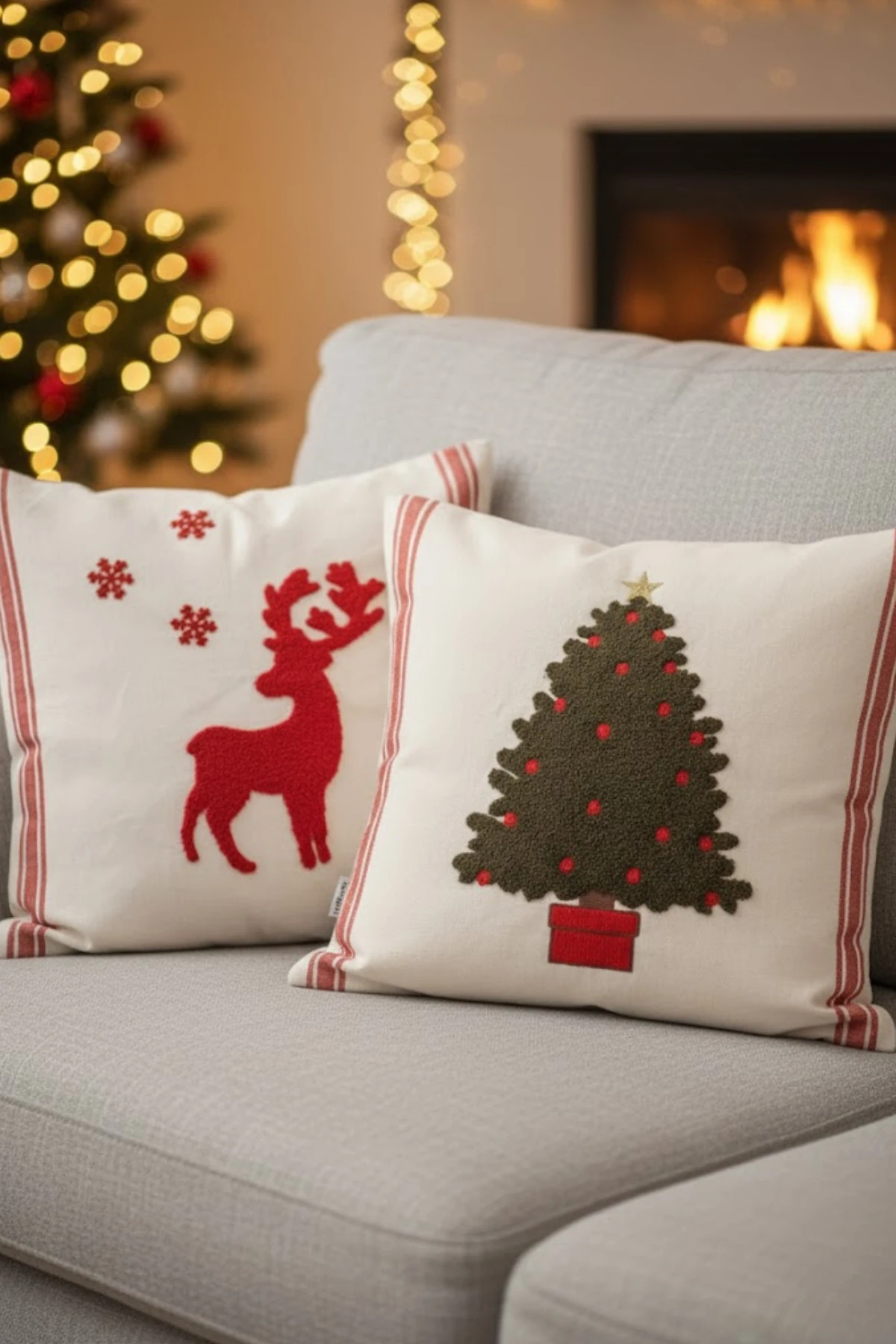 Yılbaşı - Noel Temalı Punch İşlemeli Dekoratif 2'li Kırlent Kılıfı , Neşeli Yıllar - Neseli-Yıllar-2-li