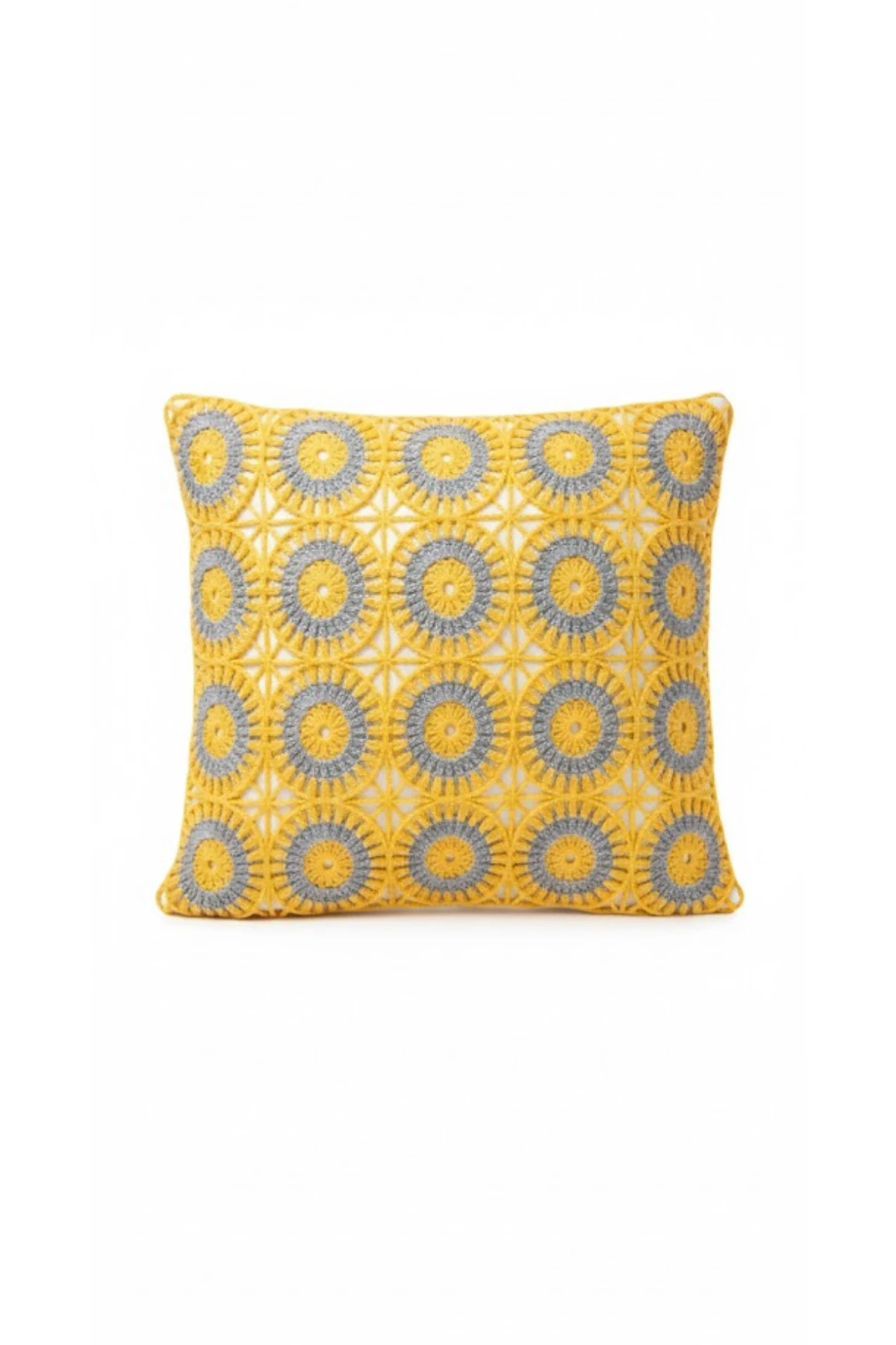 Ajur Örgü , Patchwork Tığ İşi Örgü Kare Desenli Bohem, Modern Kırlent Kılıfı - Ajur-Sarı