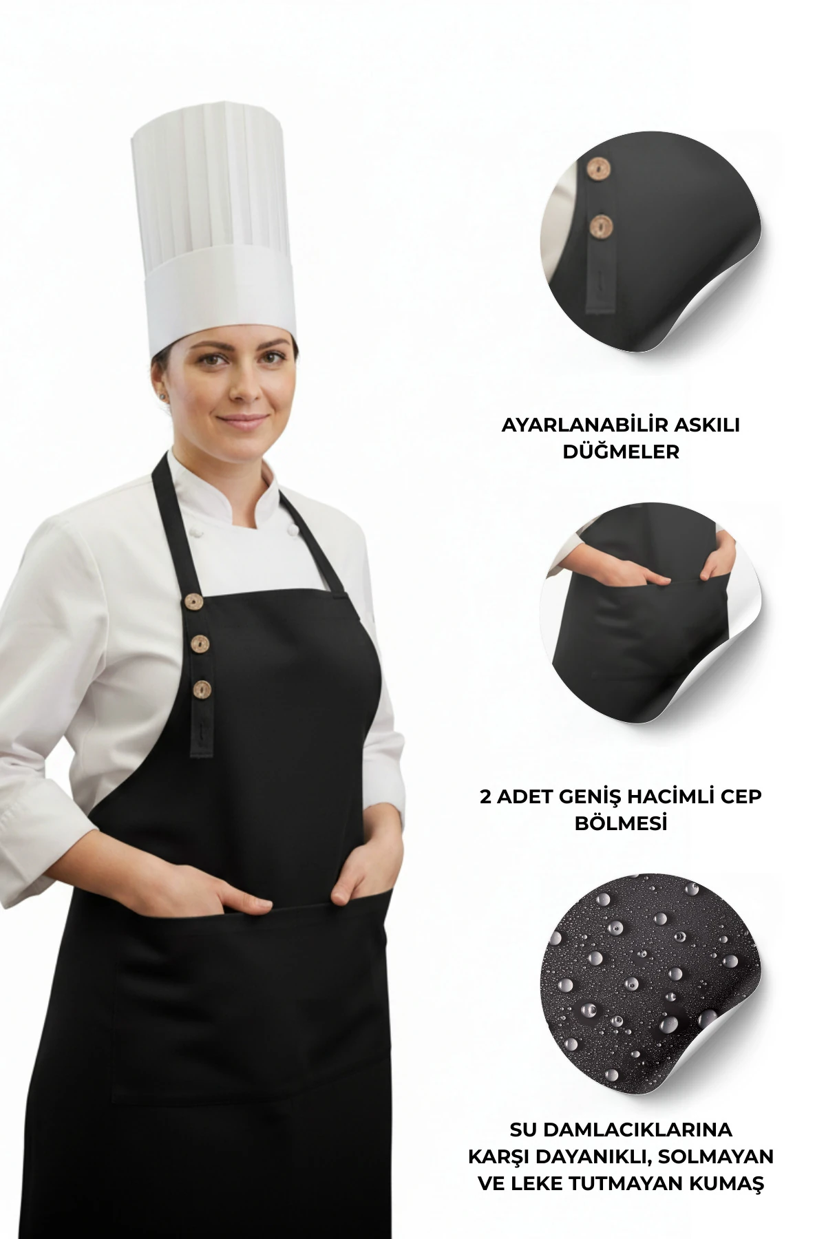 Su Geçirmez Mutfak Önlüğü | Şef, Barista Önlüğü | 2 Geniş Cepli Çok Amaçlı Önlük