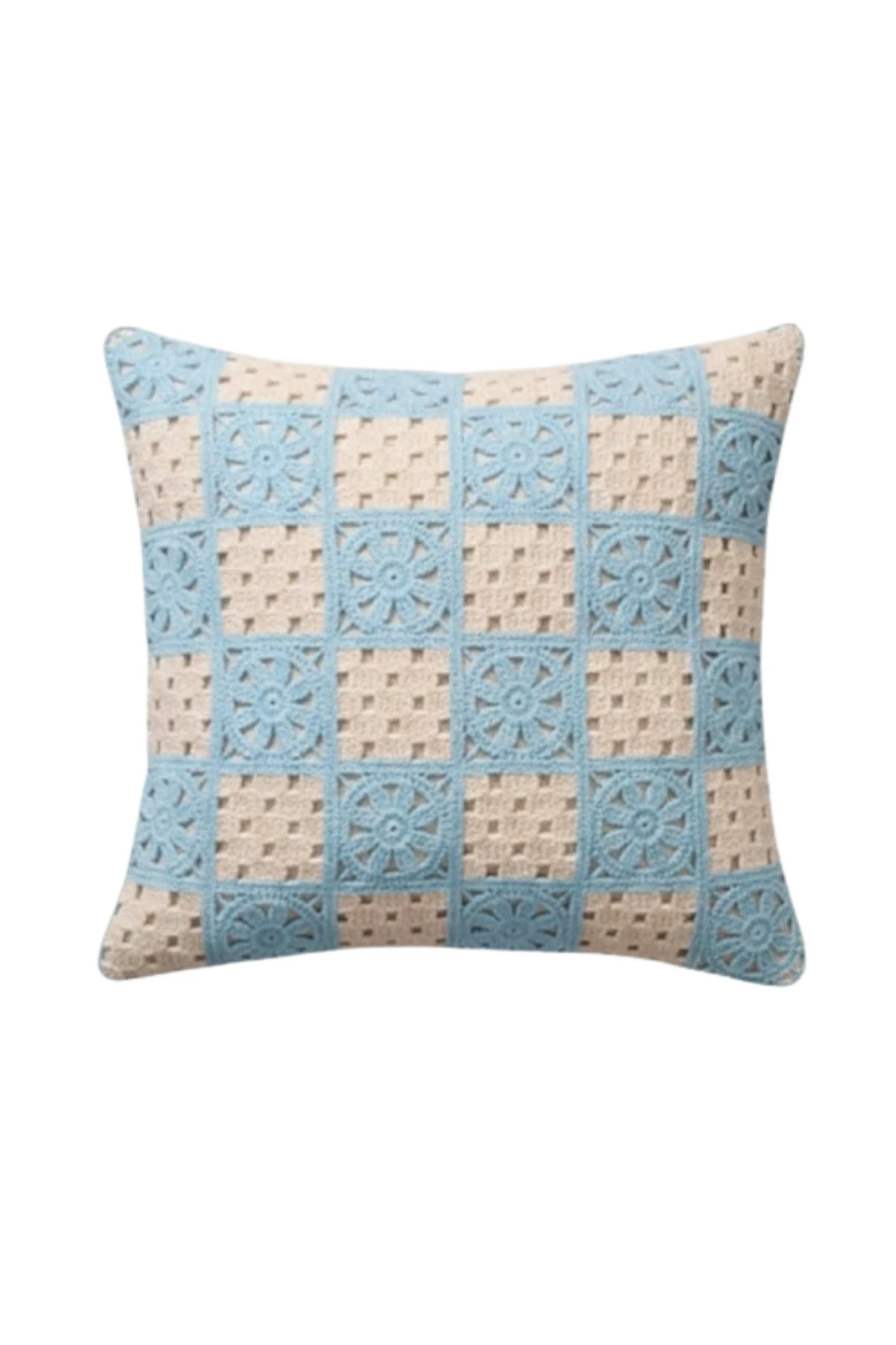 Ajur Örgü , Patchwork Tığ İşi Örgü Kare Desenli Bohem, Modern Kırlent Kılıfı - Patchwork-Turkuaz