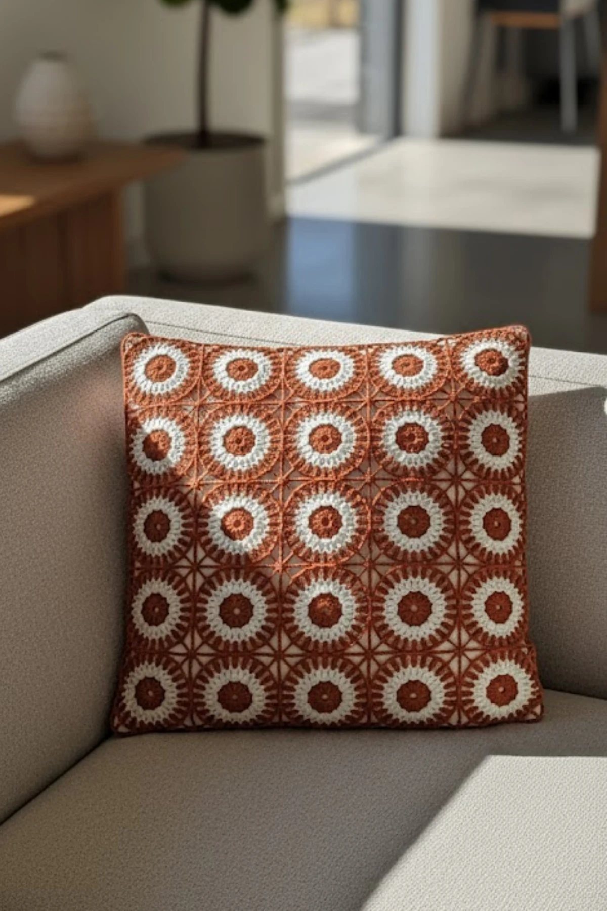 Ajur Örgü , Patchwork Tığ İşi Örgü Kare Desenli Bohem, Modern Kırlent Kılıfı - Ajur-Kiremit