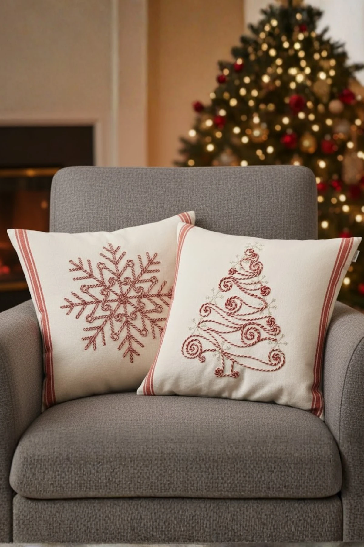 Yılbaşı - Noel Temalı Punch İşlemeli Dekoratif 2'li Kırlent Kılıfı , Neşeli Yıllar - Yılbaşı-Işıltısı-2-li