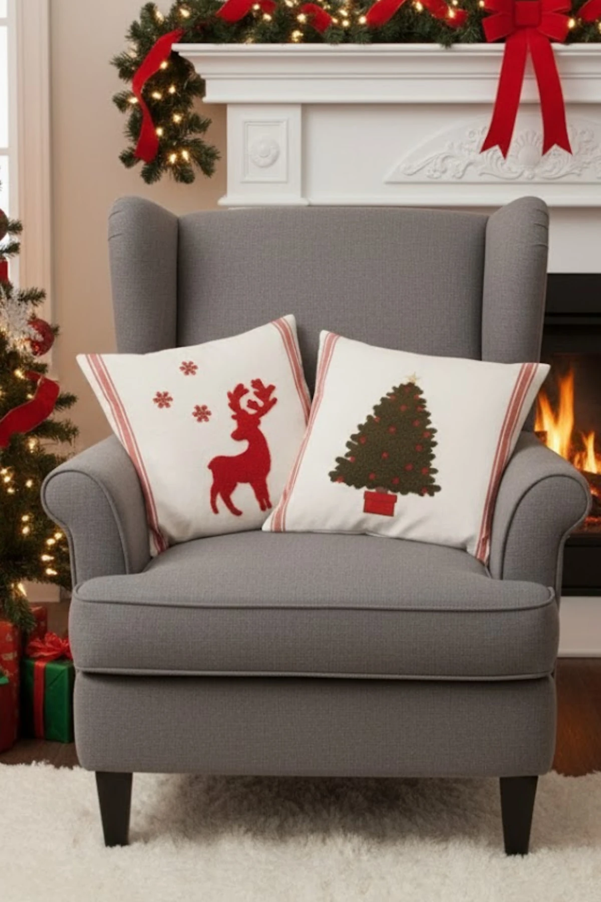 Yılbaşı - Noel Temalı Punch İşlemeli Dekoratif 2'li Kırlent Kılıfı , Neşeli Yıllar - Neseli-Yıllar-2-li