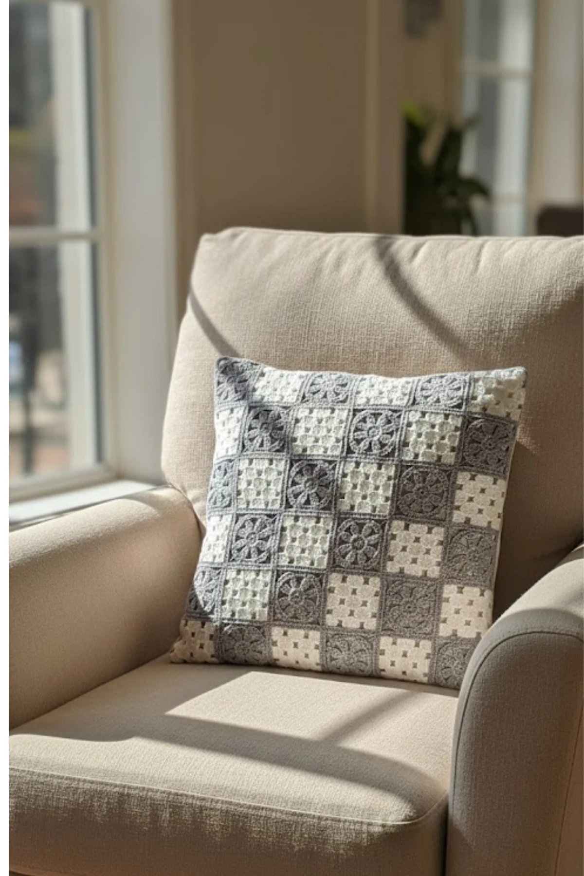 Ajur Örgü , Patchwork Tığ İşi Örgü Kare Desenli Bohem, Modern Kırlent Kılıfı - Patchwork-Bej