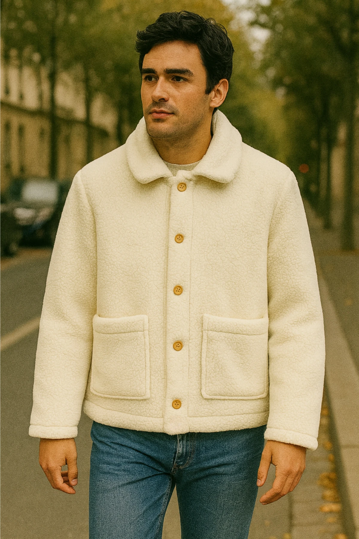 Sherpa Ekstra Yumuşak Teddy Gömlek Yaka Düğmeli Erkek Ceket - Beyaz