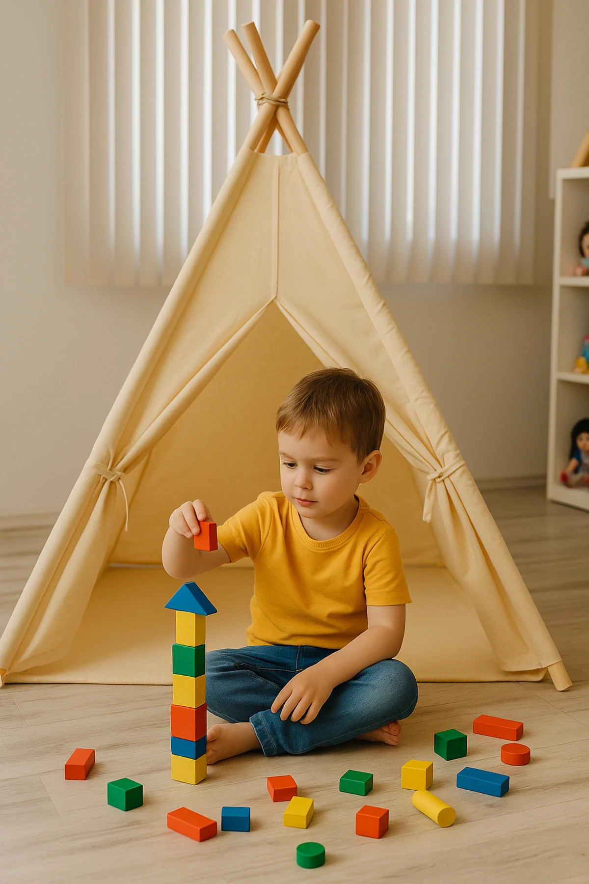 Ahşap Çocuk Kızılderili Oyun Çadırı, Ev İçi ve Bahçe Kullanımına Uygun Minderli Oyun Evi, Natural - Bej