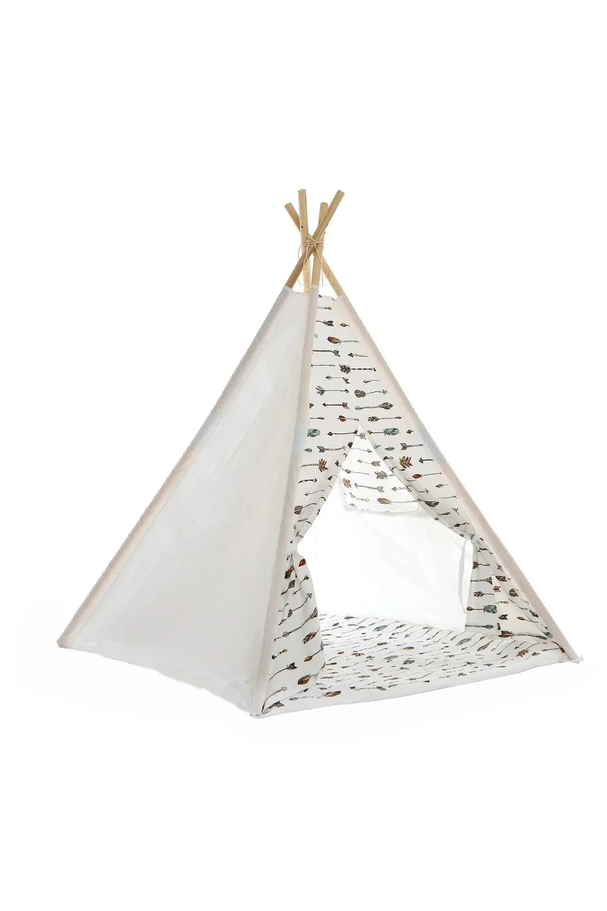 Ahşap Çocuk Kızılderili Oyun Çadırı, Ev İçi ve Bahçe Kullanımına Uygun Minderli Oyun Evi, Natural - Beyaz