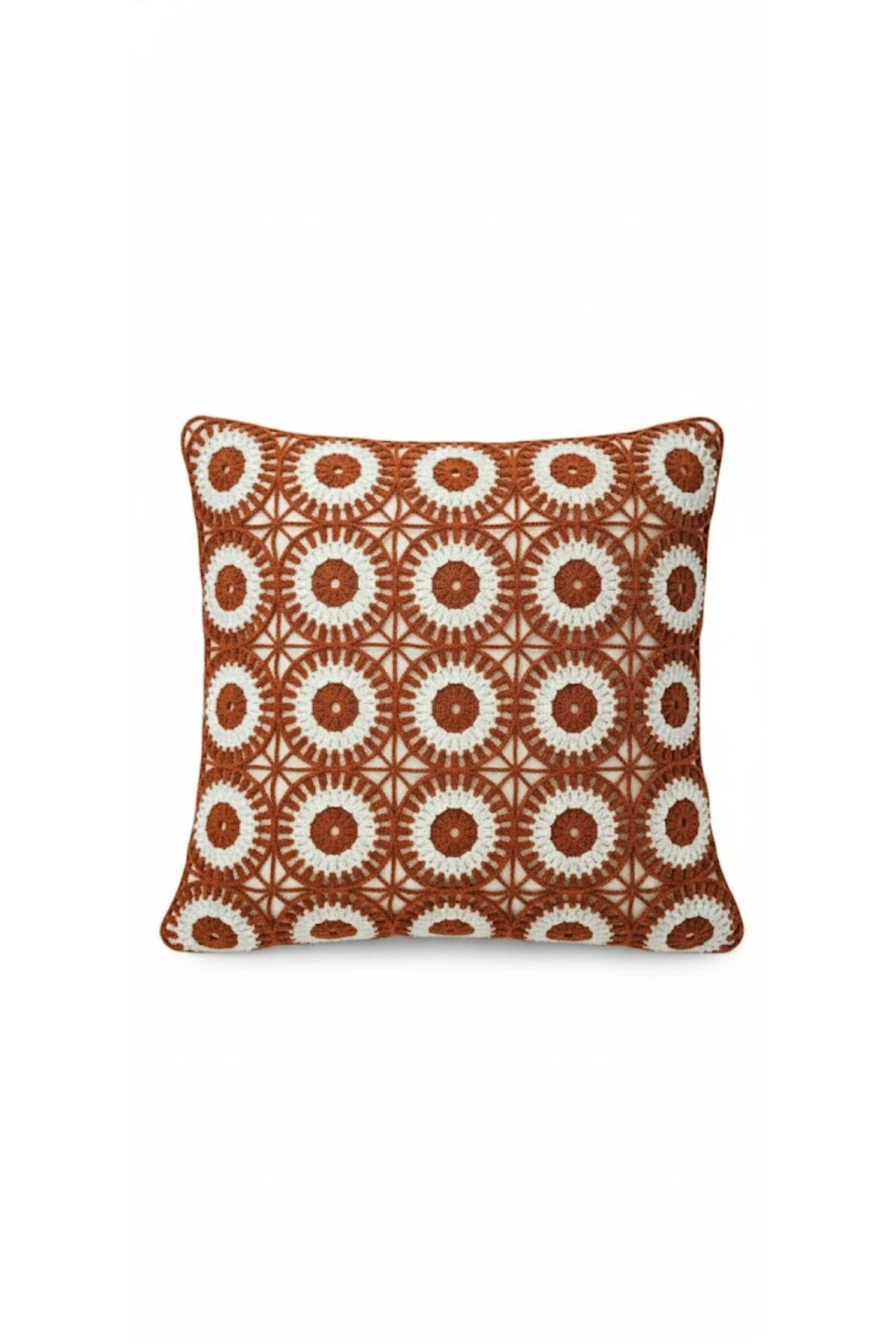 Ajur Örgü , Patchwork Tığ İşi Örgü Kare Desenli Bohem, Modern Kırlent Kılıfı - Ajur-Kiremit