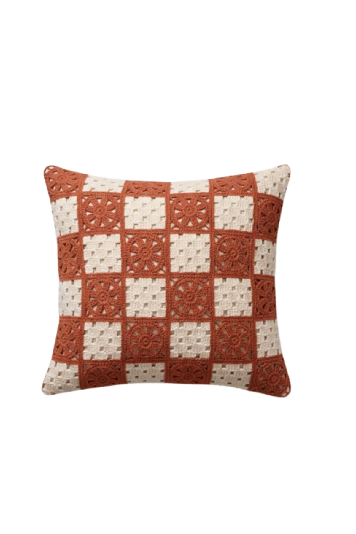 Ajur Örgü , Patchwork Tığ İşi Örgü Kare Desenli Bohem, Modern Kırlent Kılıfı - Patchwork-Kiremit