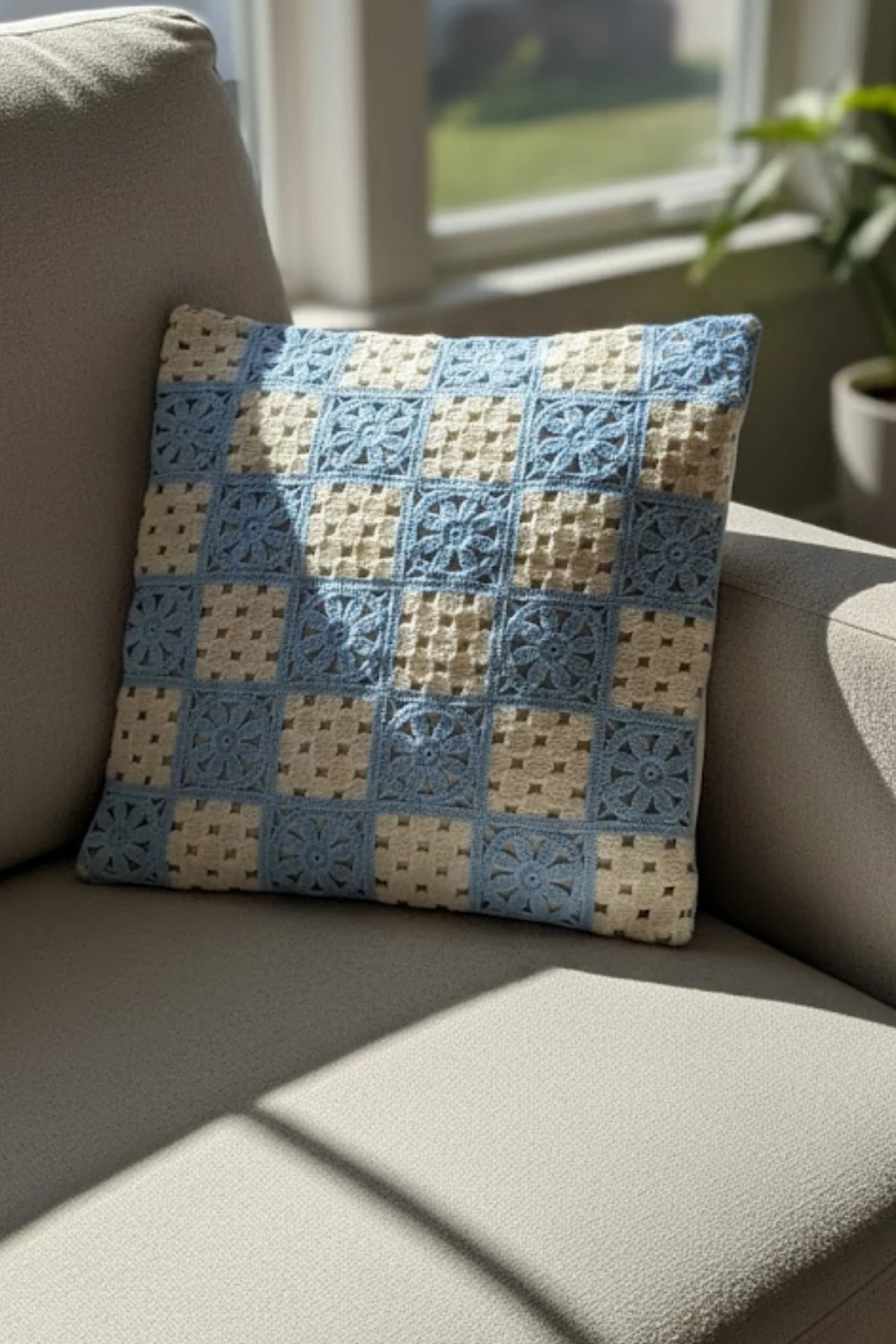 Ajur Örgü , Patchwork Tığ İşi Örgü Kare Desenli Bohem, Modern Kırlent Kılıfı - Patchwork-Bebe-Mavisi