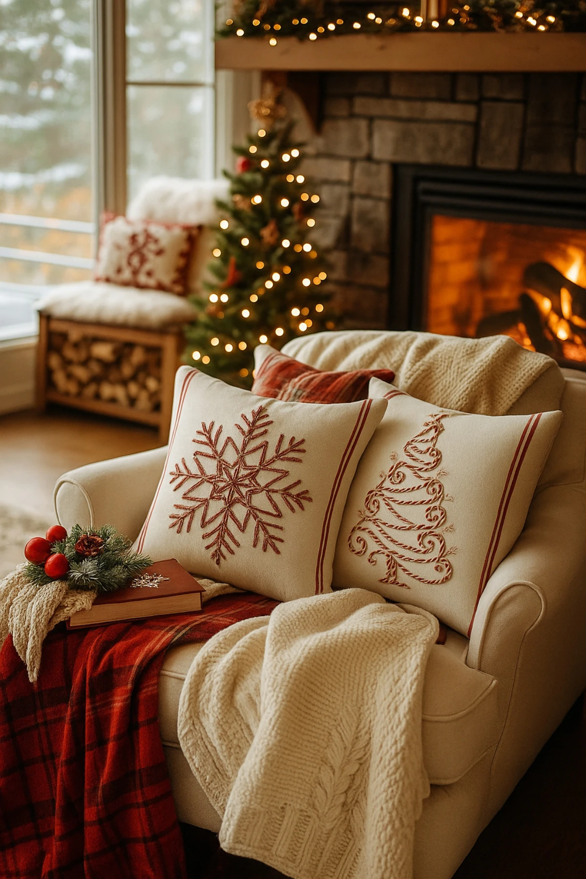 Yılbaşı - Noel Temalı Punch İşlemeli Dekoratif 2'li Kırlent Kılıfı , Neşeli Yıllar - Yılbaşı-Işıltısı-2-li