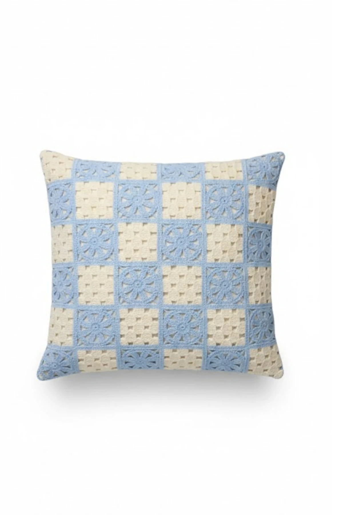 Ajur Örgü , Patchwork Tığ İşi Örgü Kare Desenli Bohem, Modern Kırlent Kılıfı - Patchwork-Bebe-Mavisi