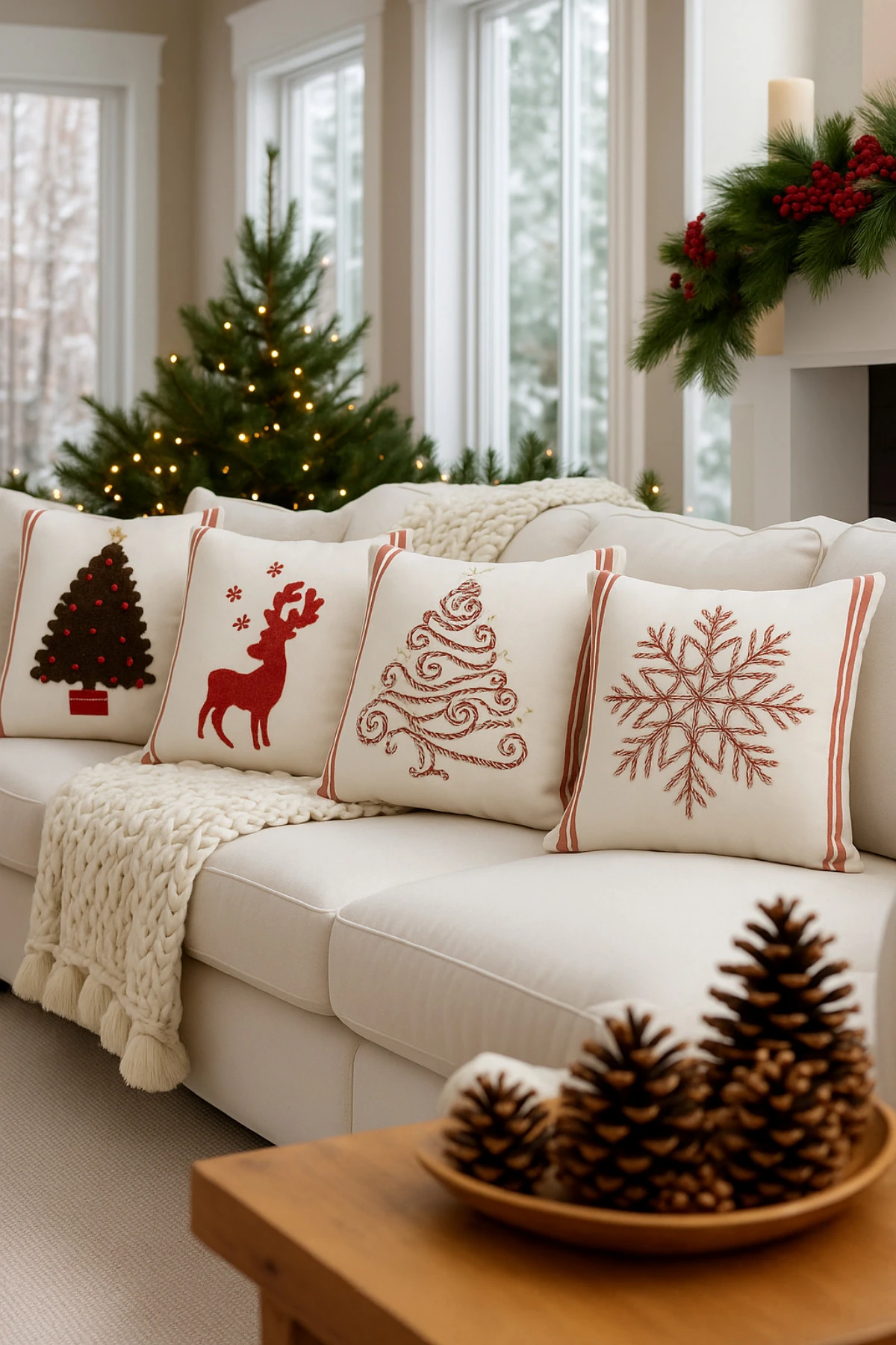 Yılbaşı - Noel Temalı Punch İşlemeli Dekoratif 2'li Kırlent Kılıfı , Neşeli Yıllar - Kis-Masali-4-lü