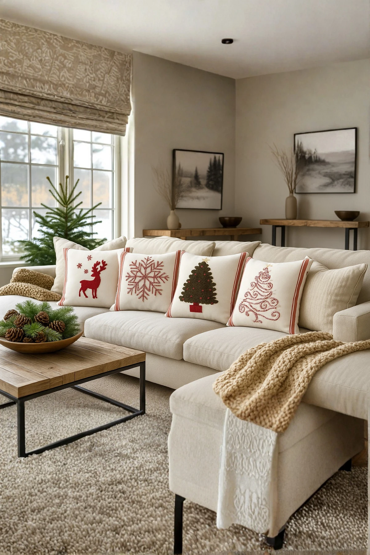 Yılbaşı - Noel Temalı Punch İşlemeli Dekoratif 2'li Kırlent Kılıfı , Neşeli Yıllar - Kis-Masali-4-lü