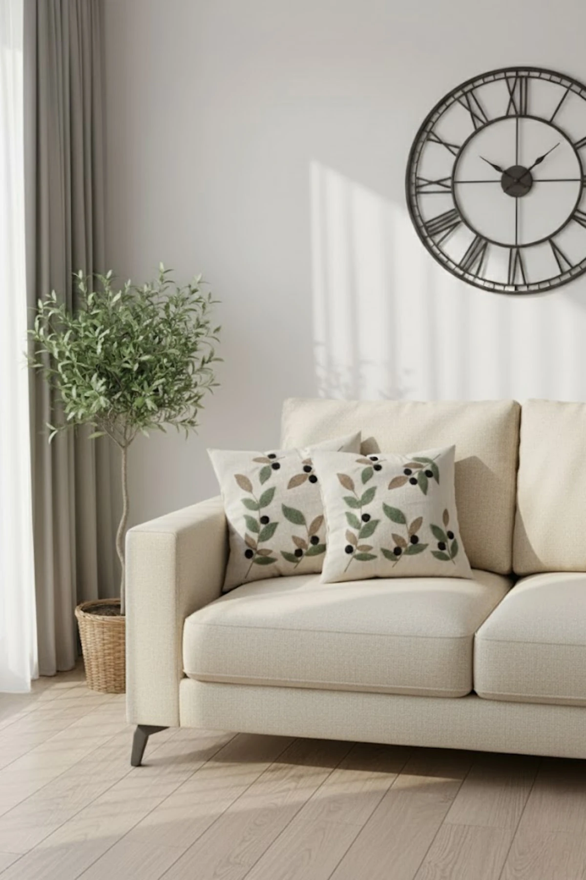 Modern Tasarım Punch İşlemeli Dekoratif 2'li Kırlent Kılıfı - Zeytin Dalı Desen