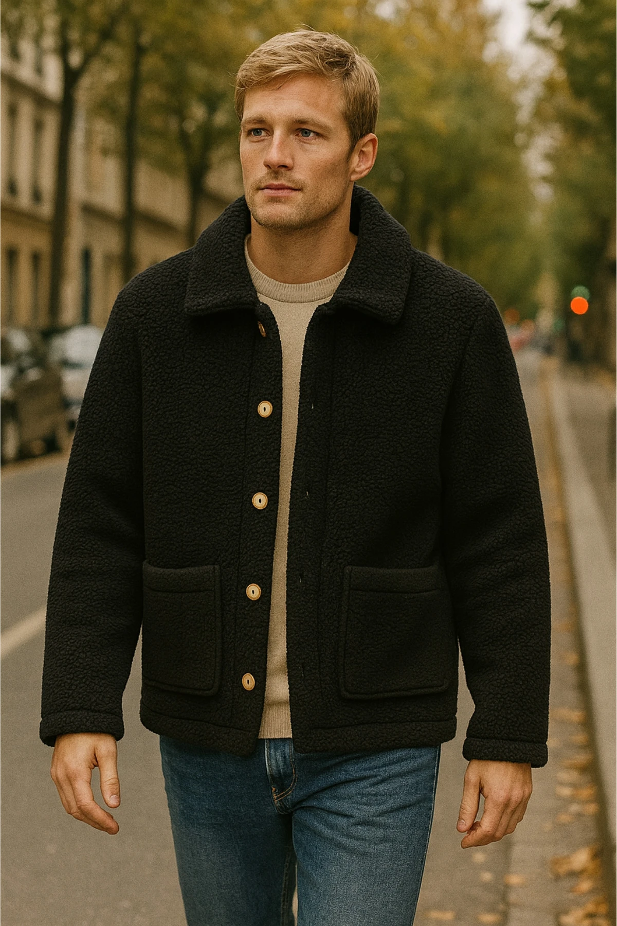 Sherpa Ekstra Yumuşak Teddy Gömlek Yaka Düğmeli Erkek Ceket - Siyah