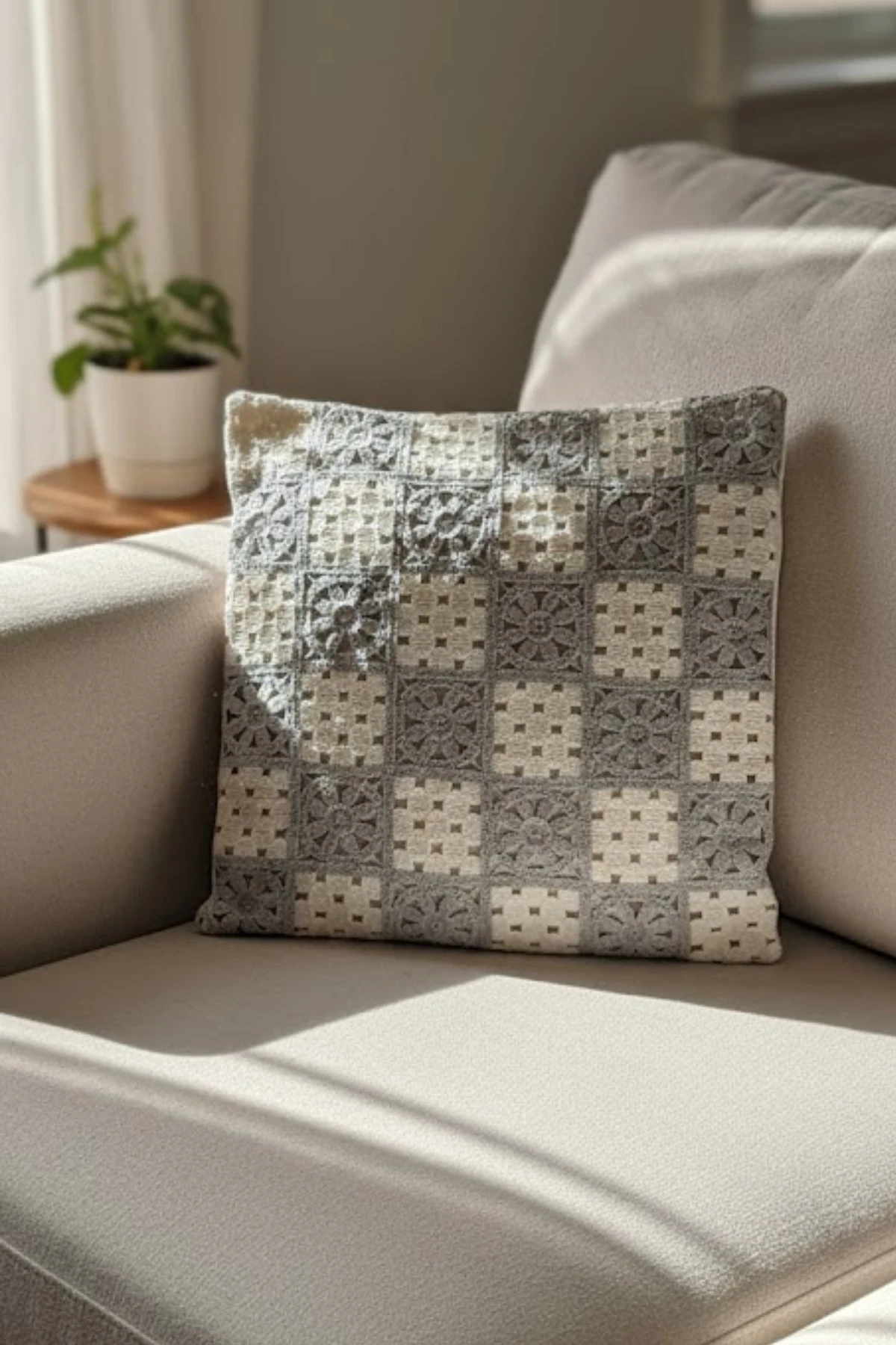 Ajur Örgü , Patchwork Tığ İşi Örgü Kare Desenli Bohem, Modern Kırlent Kılıfı - Patchwork-Gri