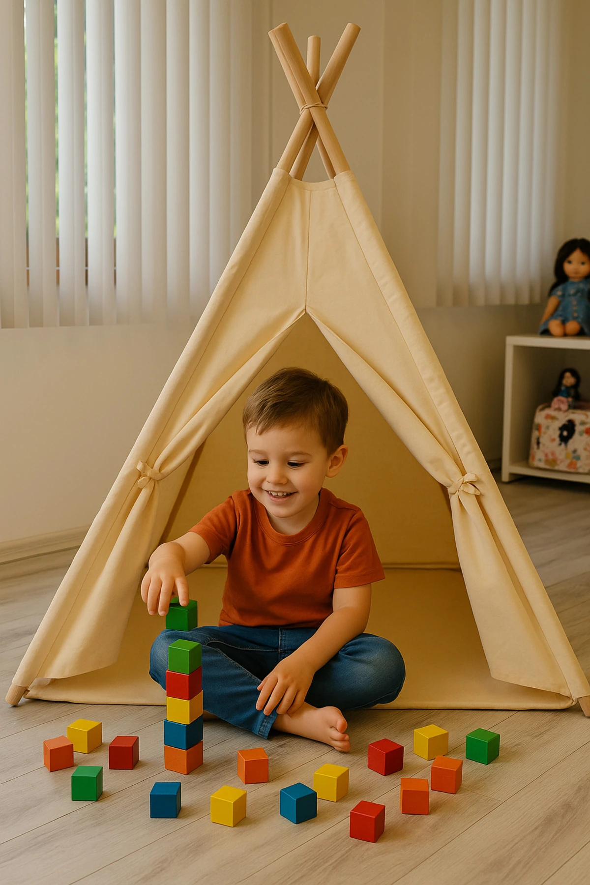 Ahşap Çocuk Kızılderili Oyun Çadırı, Ev İçi ve Bahçe Kullanımına Uygun Minderli Oyun Evi, Natural - Bej