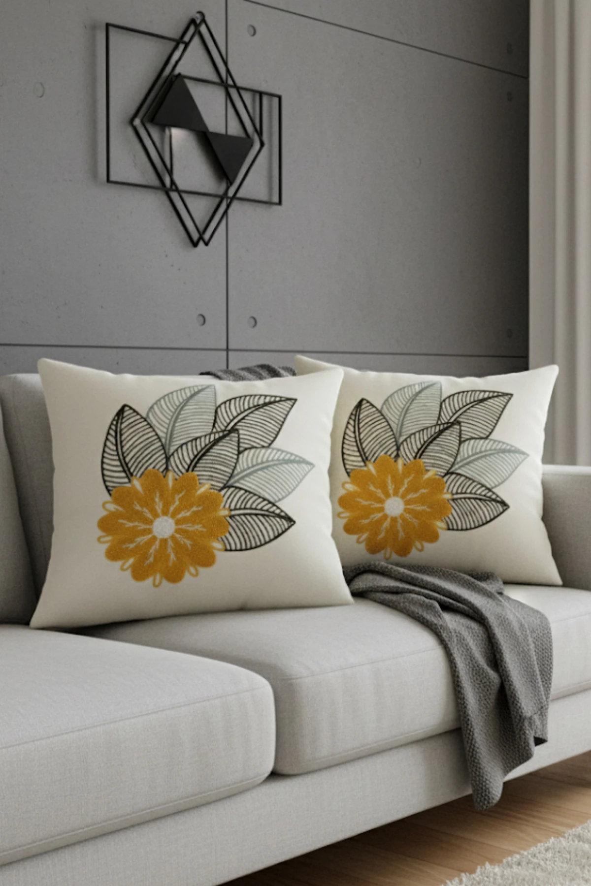 Modern Tasarım Punch İşlemeli Dekoratif 2'li Kırlent Kılıfı - Papatya Desen