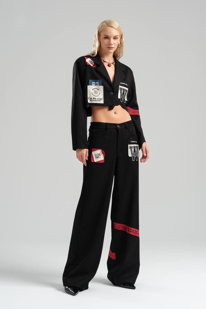 Wide Leg Trousers with Emblem Detail