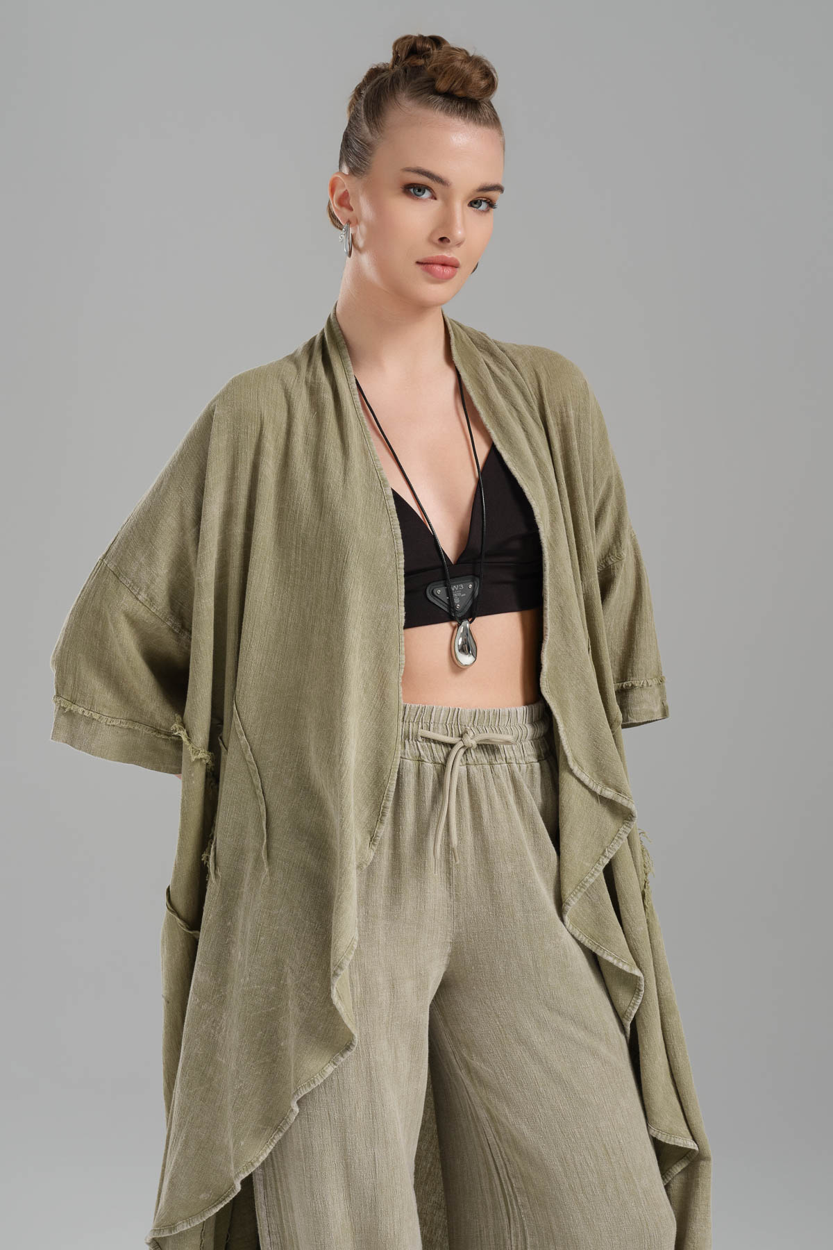 Kadın Parçaboya Keten Oversize Tasarım Uzun Ceket 