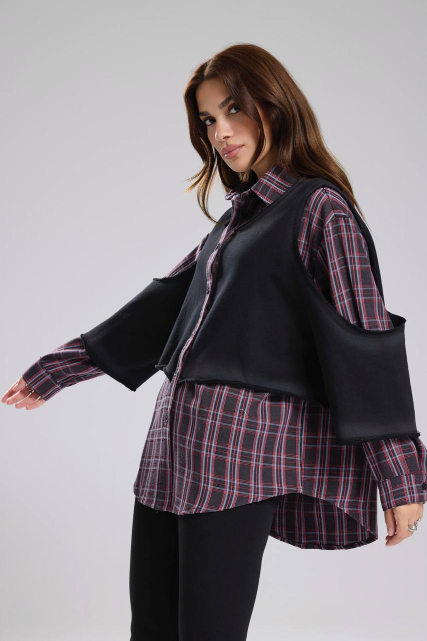 Kadın Ekose ve Örme Kumaş Garnili Tasarım Gömlek