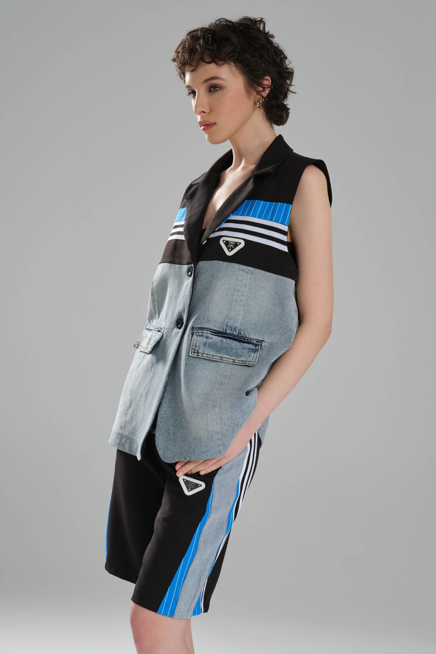 Kadın Şerit Detaylı ve Denim Garnili Tasarım Oversize Yelek