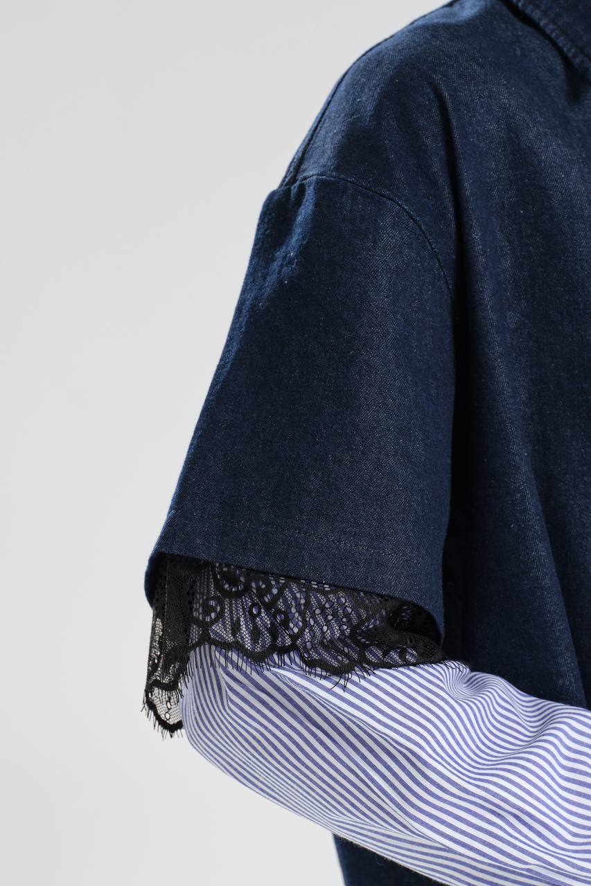 Kadın Denim Kolları Dantel ve Poplin Kumaş Detaylı Tasarım Gömlek