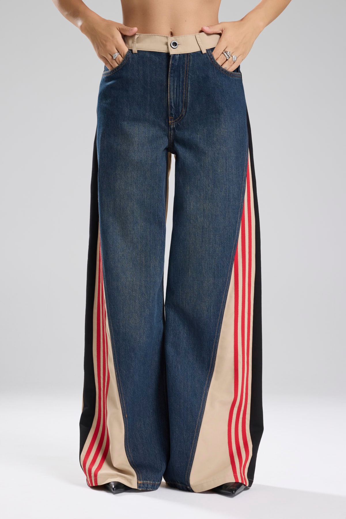Kadın Şerit Detaylı Denim Garnili Tasarım Pantolon