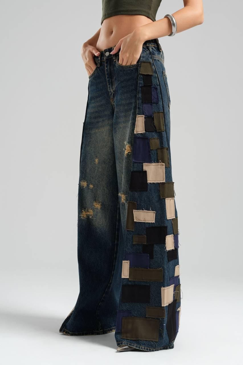 Wide Leg Jeans with Side Cutouts and Elastic Back Belt