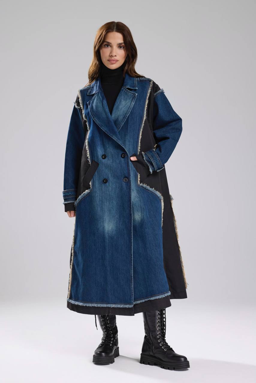 Kadın Denim Garnili Dokuma Kumaş Karışımlı Tasarım Trençkot