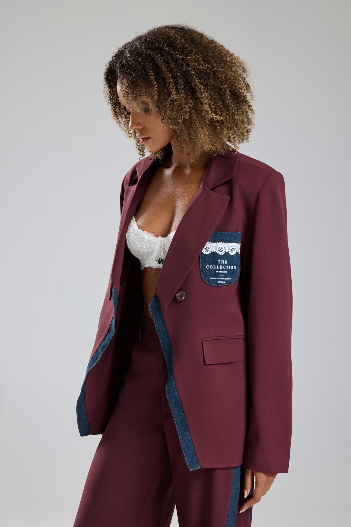 Kadın Denim Garnili Dantel Baskı Detaylı Blazer Ceket