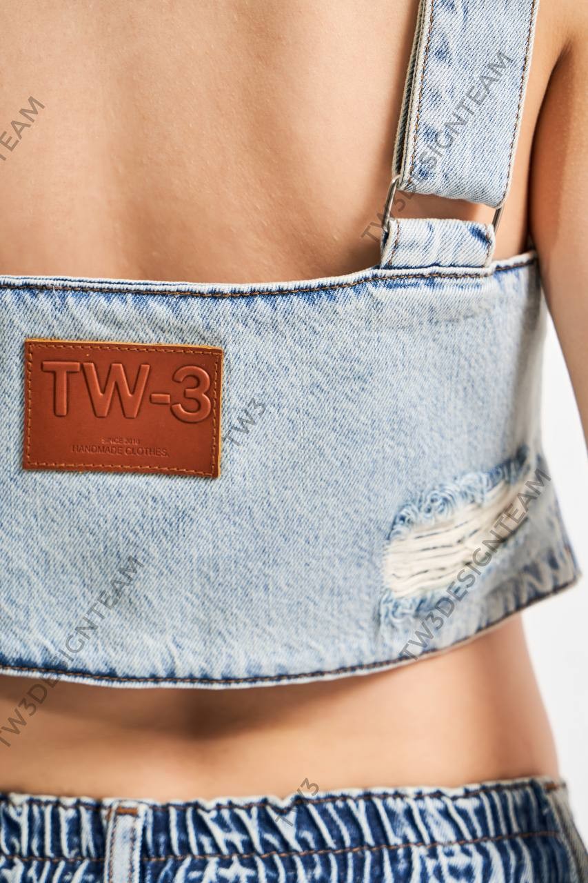 Kadın Denim Kumaş Askılı Crop Tasarım Bluz