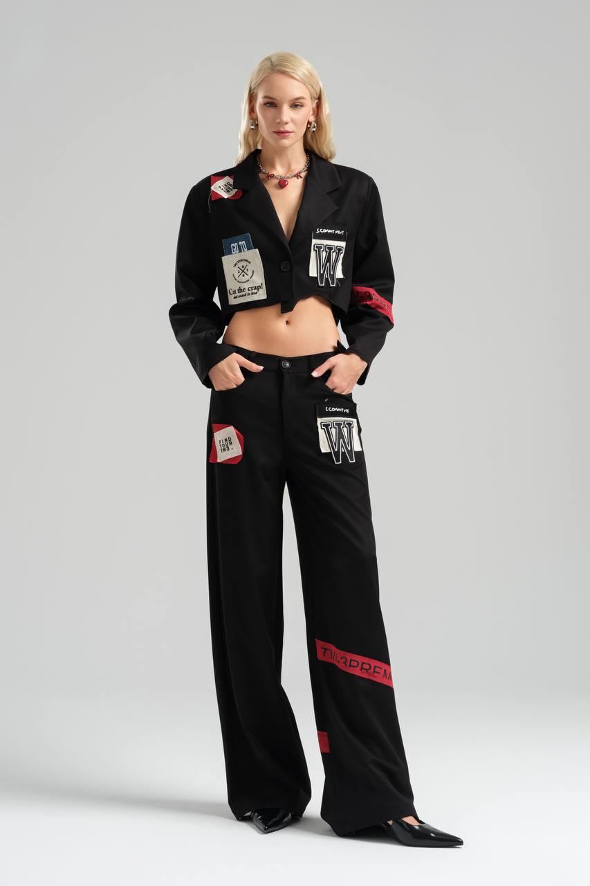 Wide Leg Trousers with Emblem Detail