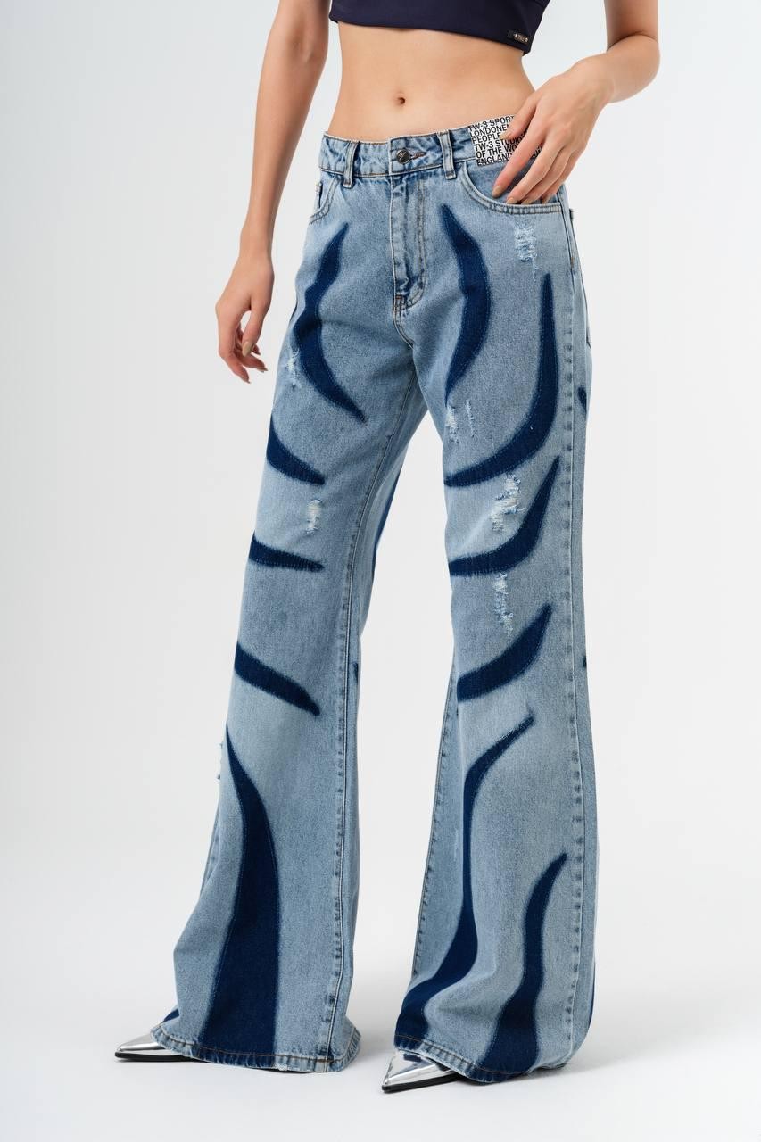 Block Patterned Flare Jeans