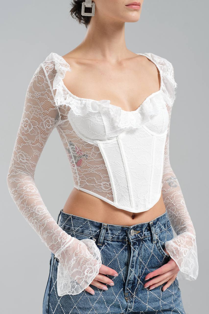 Kadın Dantel Kumaş Ön Kısmı Korse Arka Kısmı Dantel Tasarım Crop Bluz