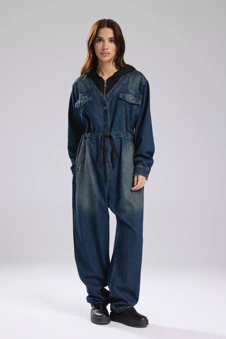 Kadın Denim Kumaş Ve Örme Kumaş Garnili Tulum