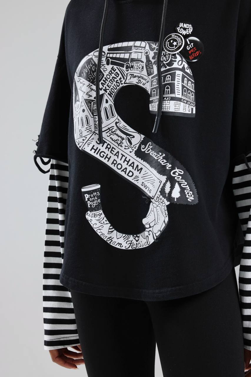 Kadın Rozet Detaylı Çizgili Kumaş Garnili Tasarım Sweatshirt