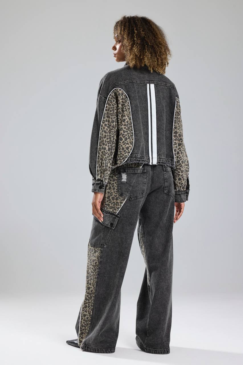 Kadın Leopar Baskılı Ara Biyeli Detaylı Tasarım Denim Ceket