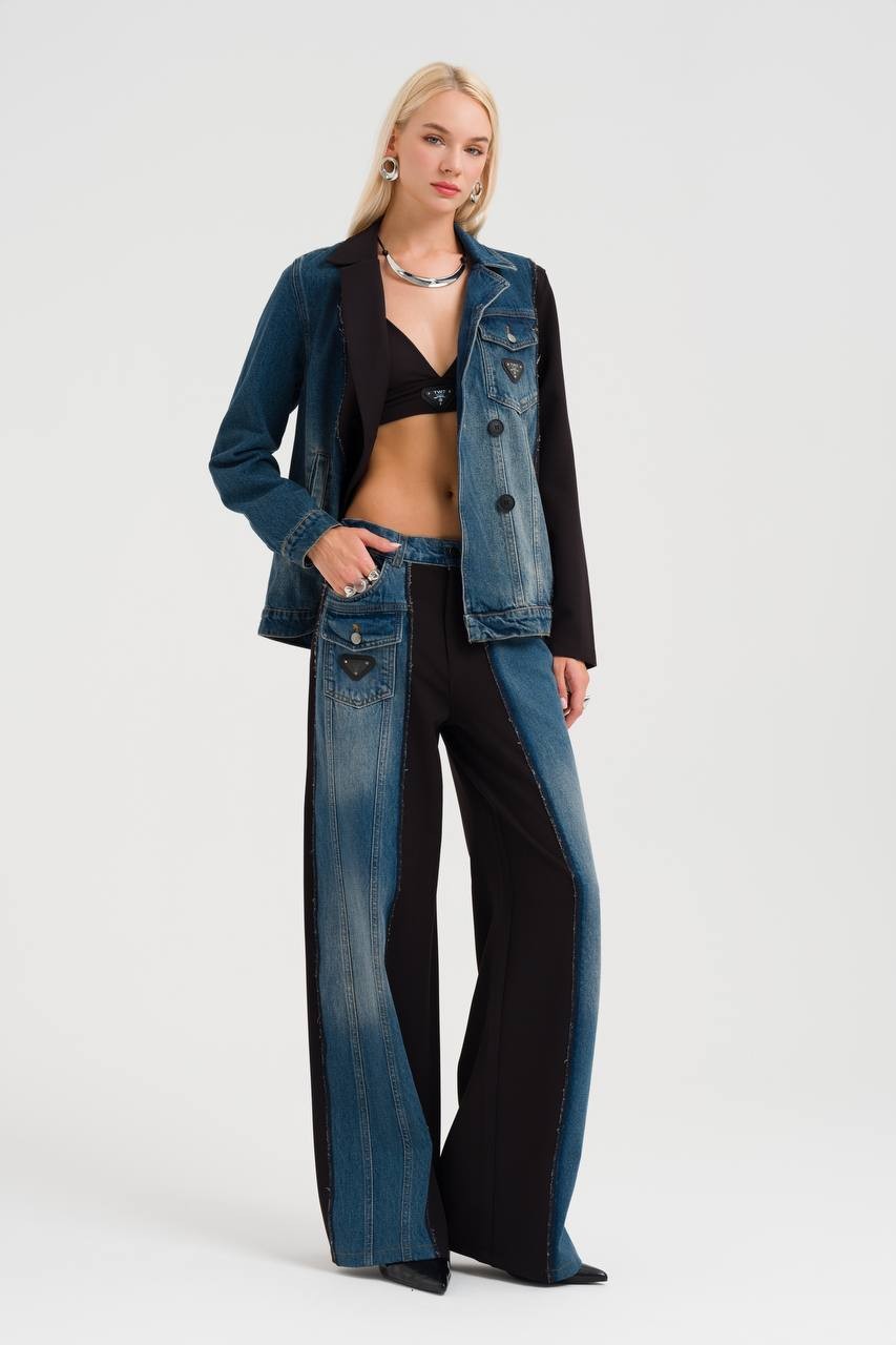 Denim Kumaş Garnili Kadın Tasarım Bol Paça Pantolon