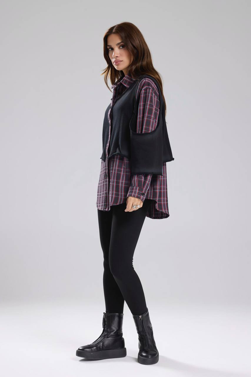 Kadın Ekose ve Örme Kumaş Garnili Tasarım Gömlek