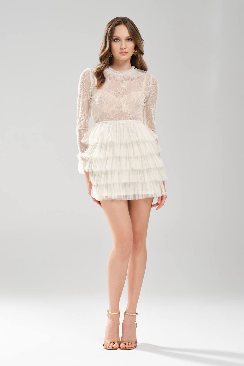 Kadın Fırfırlı Yaka ve Kol Detaylı El İşlemeli Dantelli Tasarım Mini Elbise